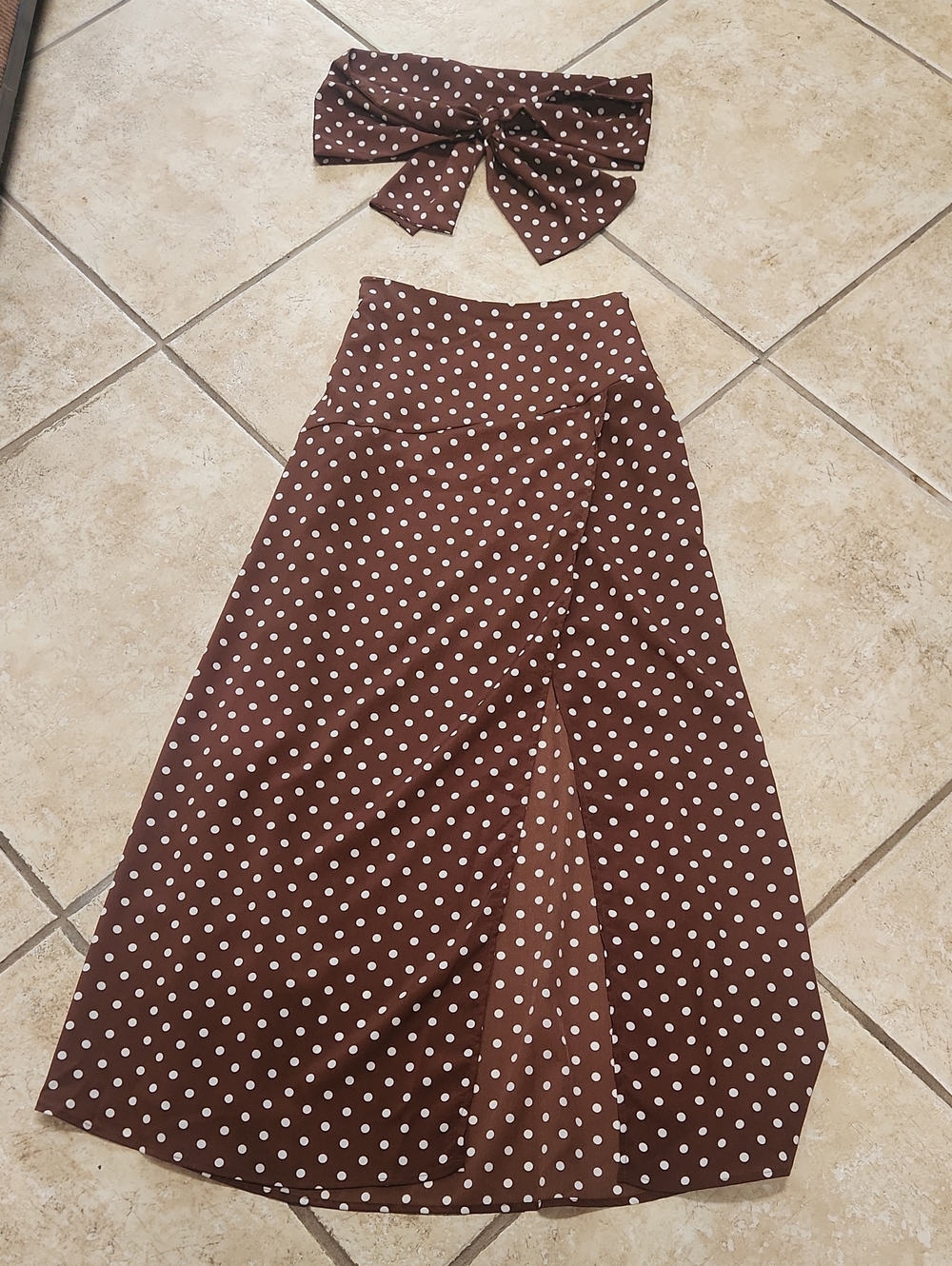 Polka Dot Brown Maxi Skirt with Matching Sash